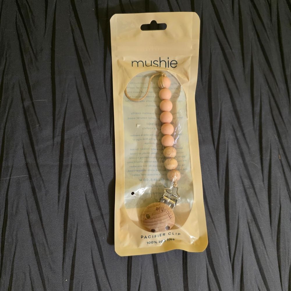 Mushie Peach and Wood Pacifier Clip